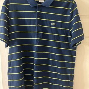 Lacoste Men's Navy and Yellow Striped Polo Shirt